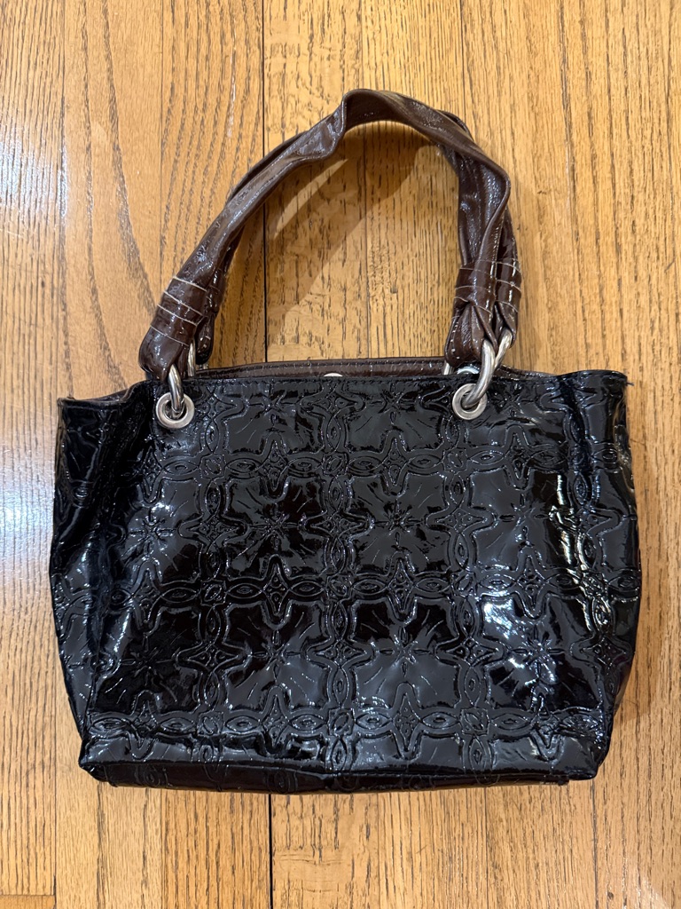 Genuine Leather Glossy Black Patent Shoulder Bag With Brown Handles Pattern
